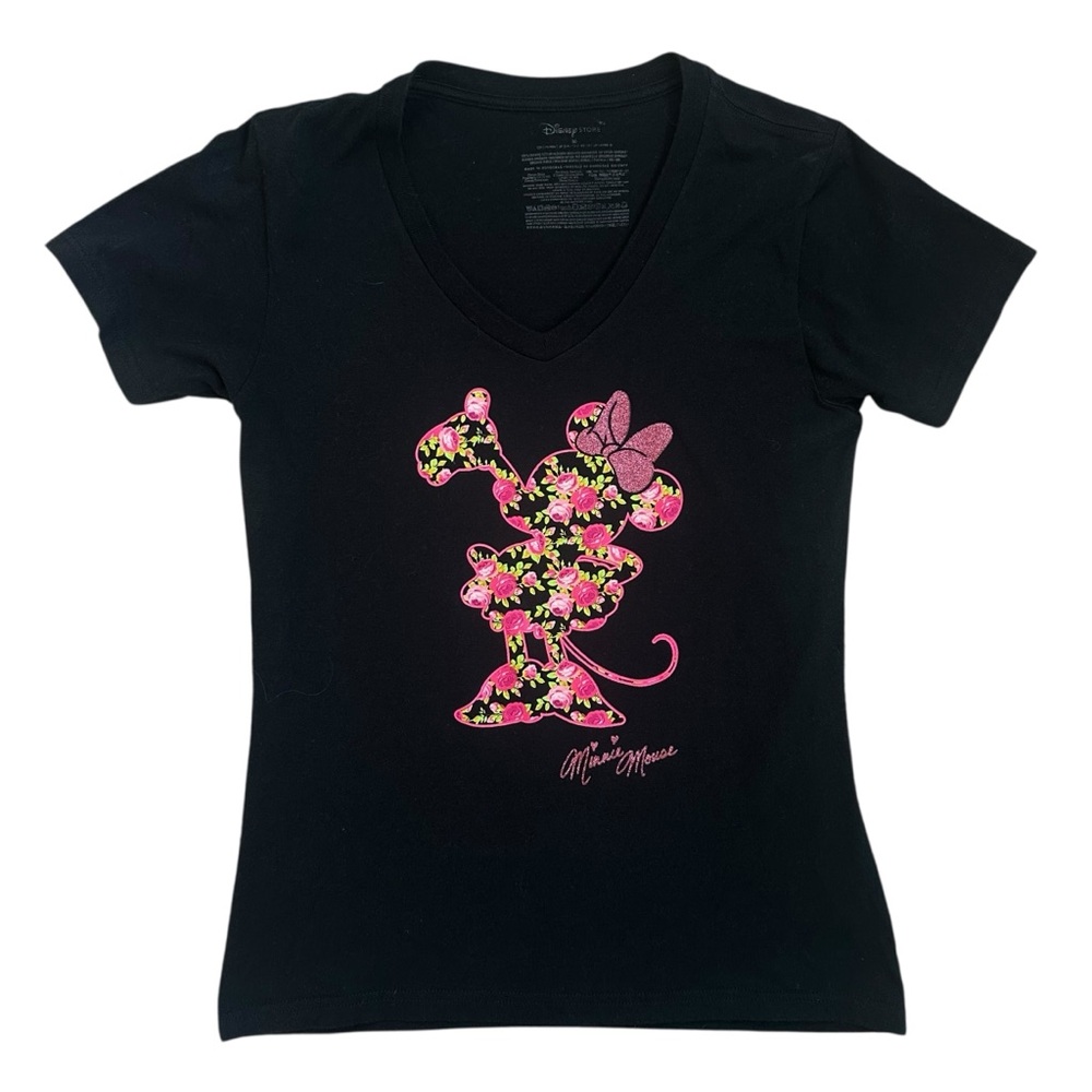 Disney Parks 100% Organic Cotton Black V-Neck Pink Glitter Flower Minnie Mouse M